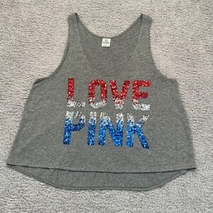 Victorias Secret PINK Tank Top L Gray Sequin Logo High Low Hem Americana Sparkle